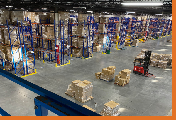 Warehouse filled with pallet racks and boxes