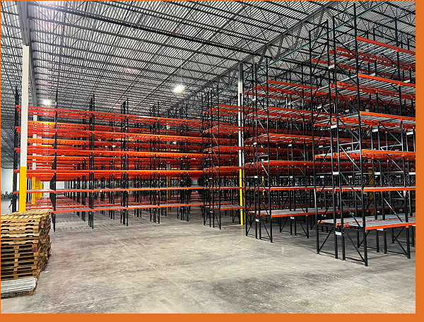 Rows of rack shelving in a warehouse