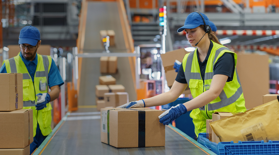 Warehouse employees checking boxes