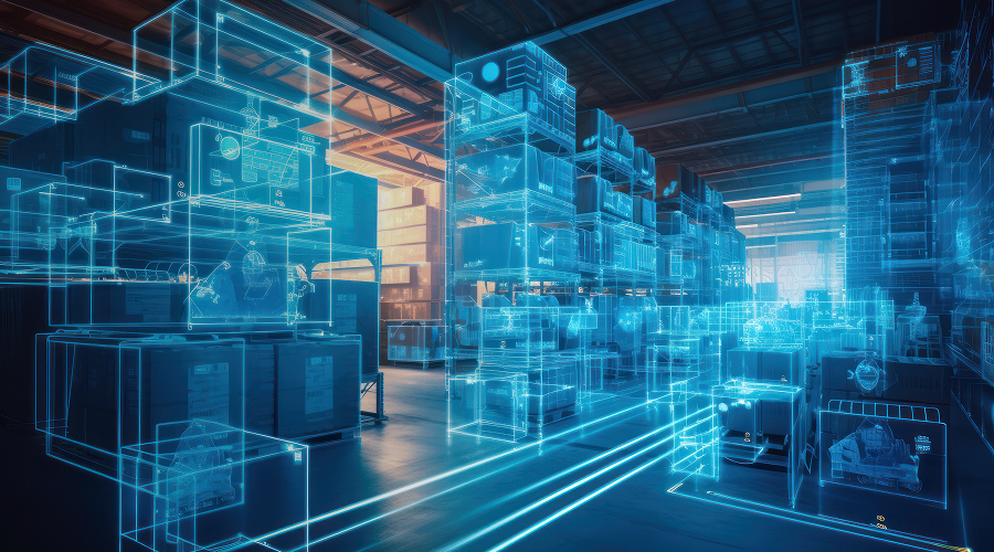 digital boxes in a warehouse