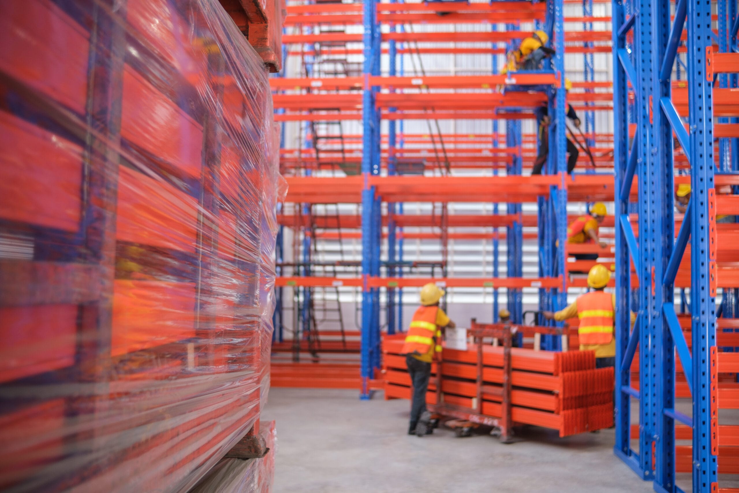 install modern interior of new empty warehouse. racks pallets shelves. metal construction. storage equipment. distribution storehouse. empty