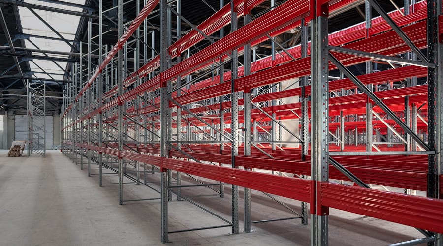 warehouse with empty high pallet racks, shelving system