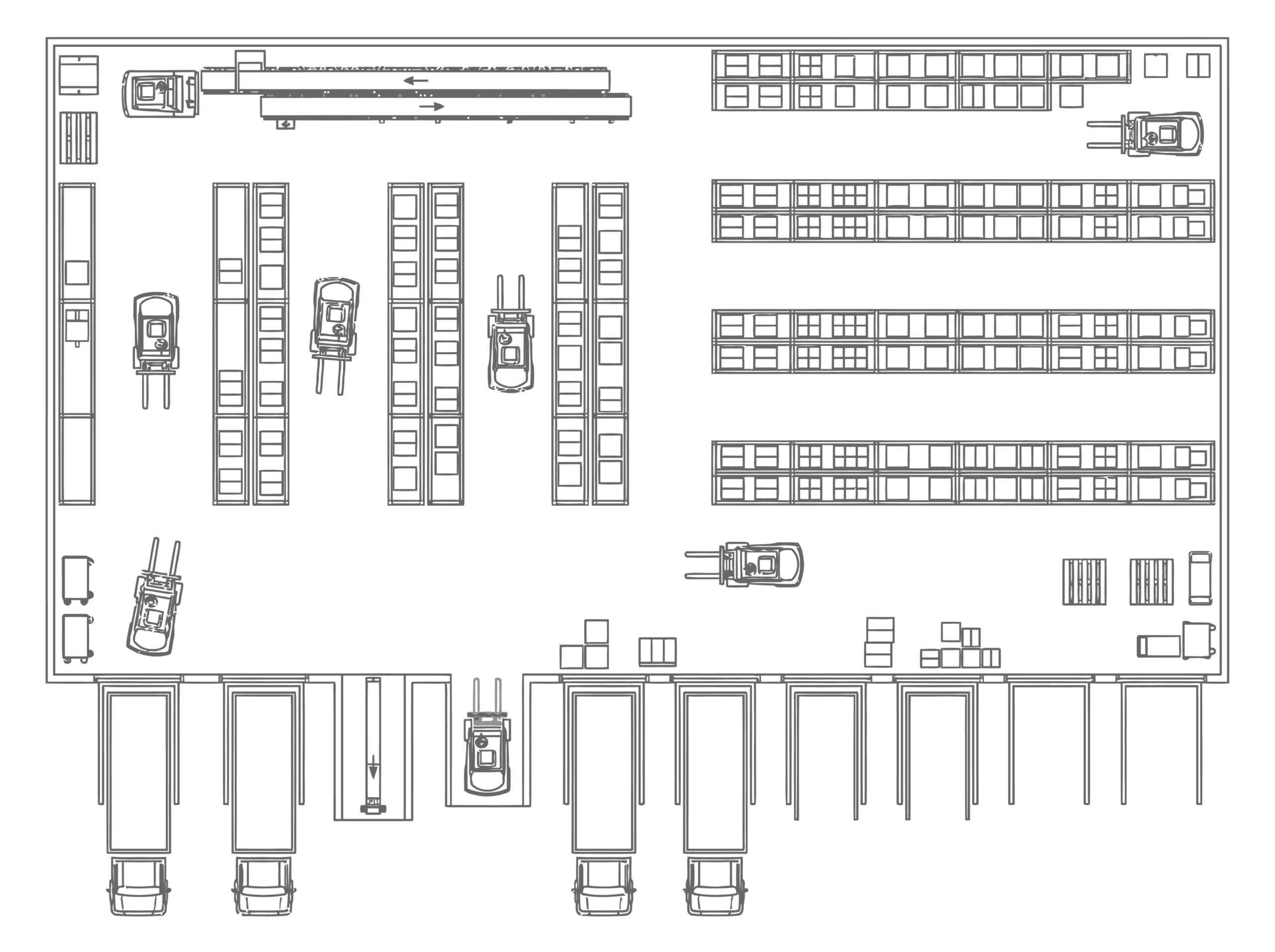 distribution center warehouse floor plan layout cad blueprint with industrial shelving loading docks and transport trucks